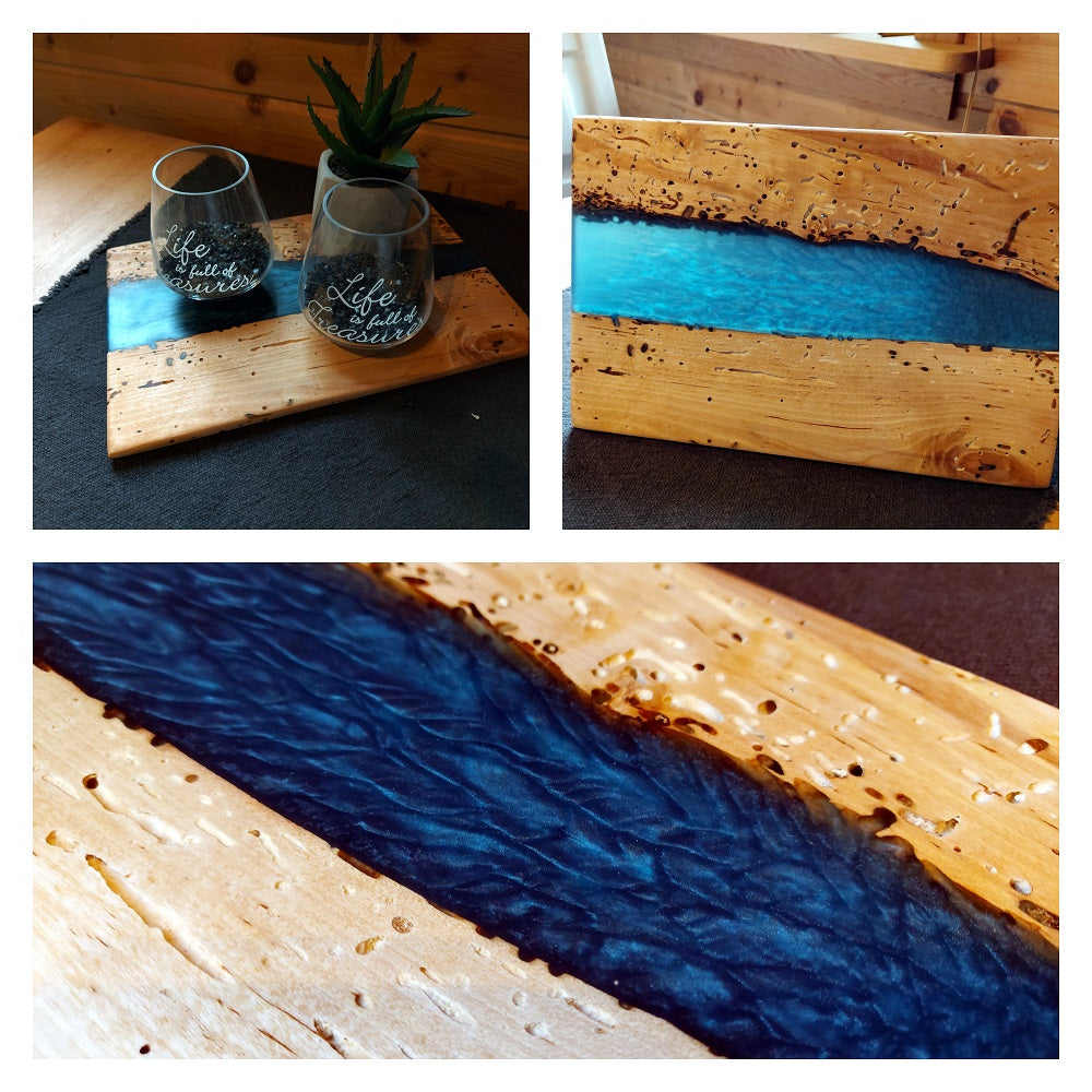 Wooden board in birch and blue epoxy